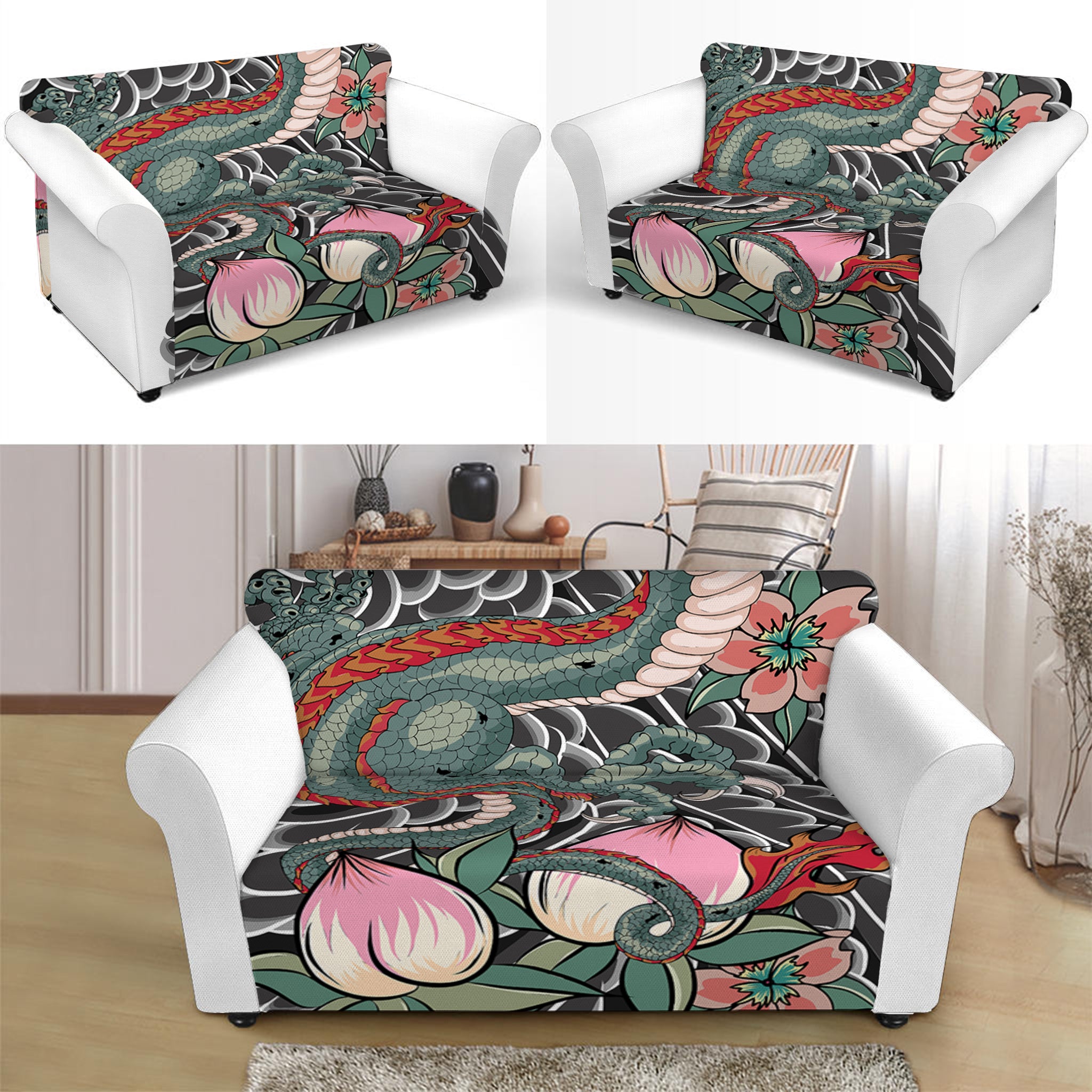 Green Japanese Dragon Tattoo Print Loveseat Slipcover