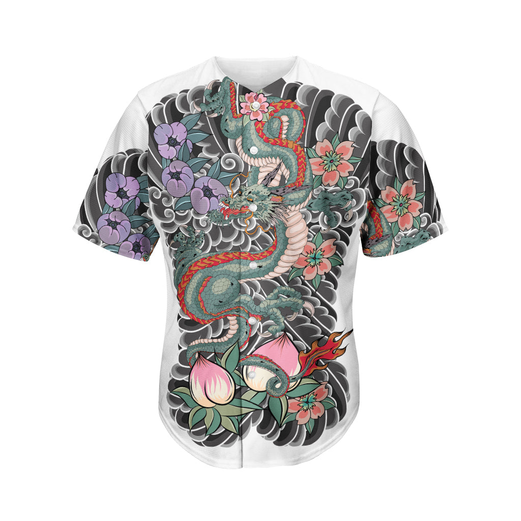 Green Japanese Dragon Tattoo Print Men's Baseball Jersey