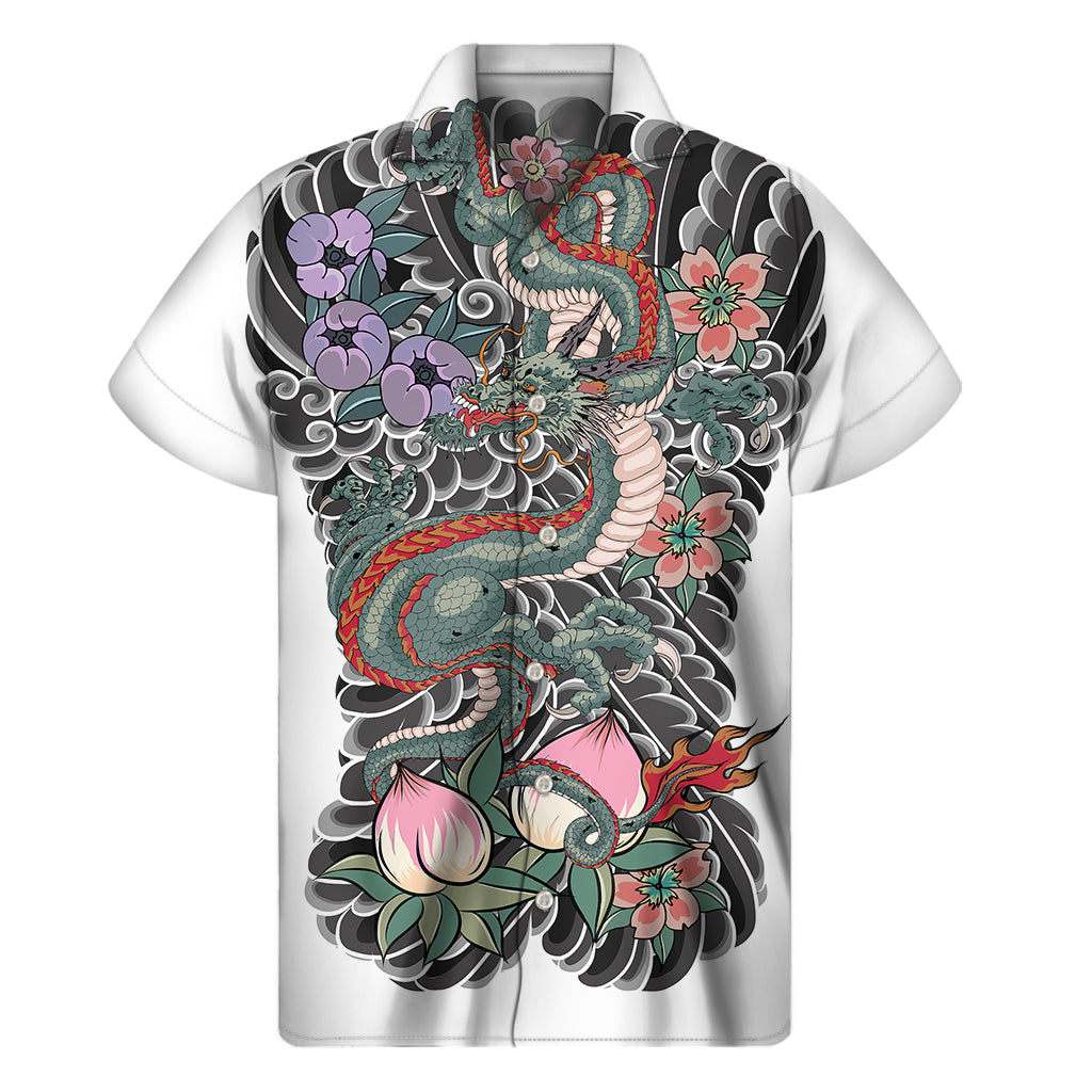 Green Japanese Dragon Tattoo Print Men's Short Sleeve Shirt