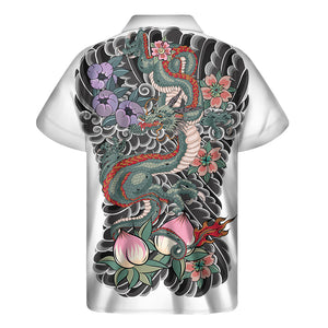 Green Japanese Dragon Tattoo Print Men's Short Sleeve Shirt