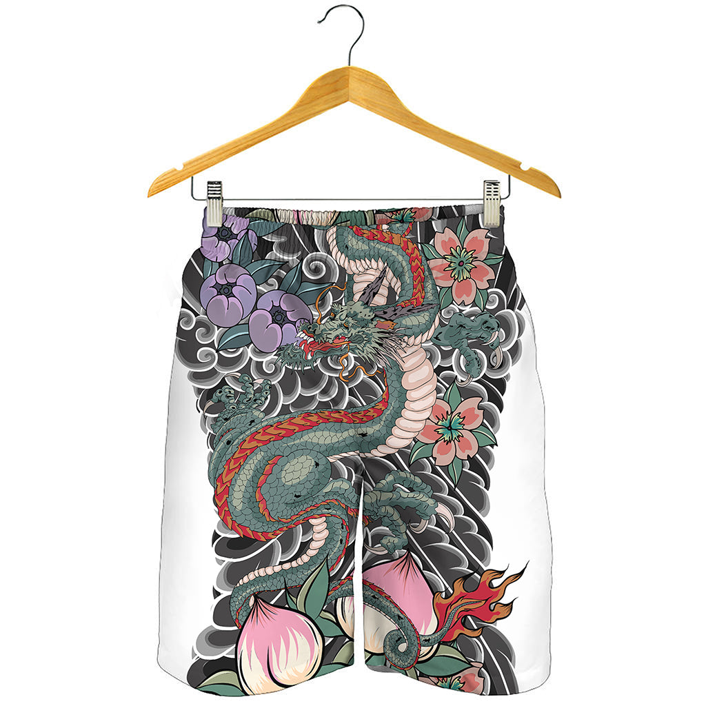 Green Japanese Dragon Tattoo Print Men's Shorts