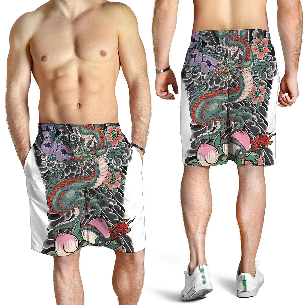 Green Japanese Dragon Tattoo Print Men's Shorts