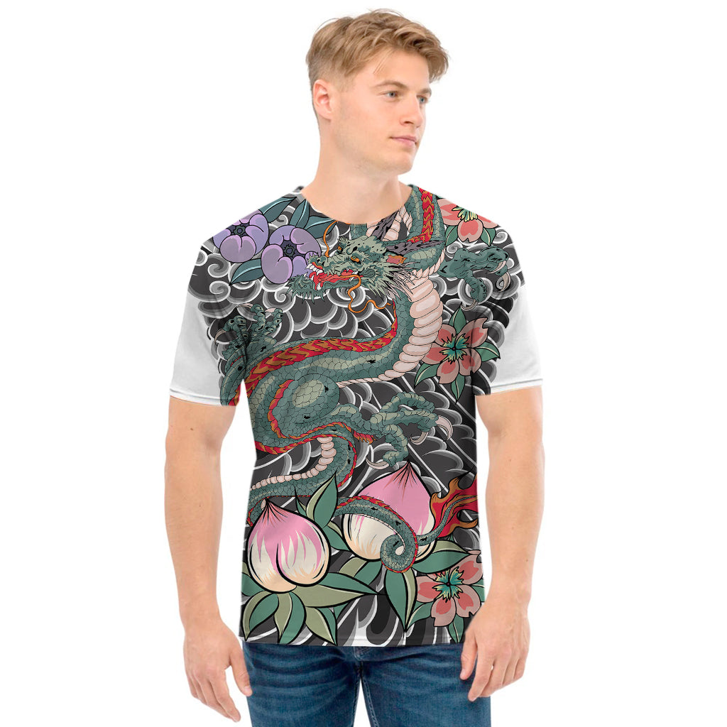 Green Japanese Dragon Tattoo Print Men's T-Shirt