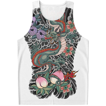 Green Japanese Dragon Tattoo Print Men's Tank Top