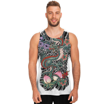 Green Japanese Dragon Tattoo Print Men's Tank Top