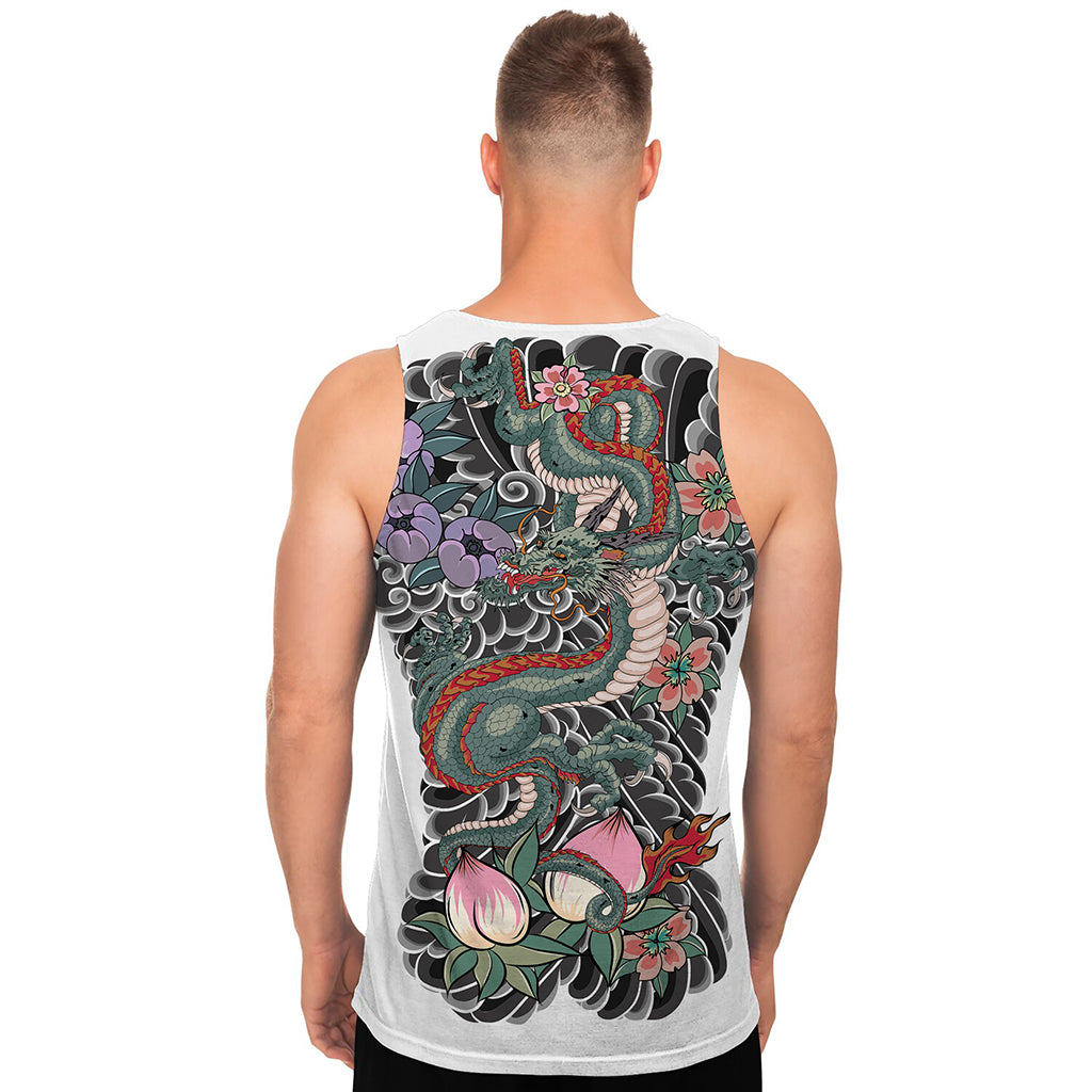 Green Japanese Dragon Tattoo Print Men's Tank Top