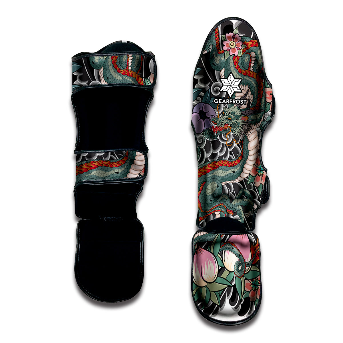 Green Japanese Dragon Tattoo Print Muay Thai Shin Guard