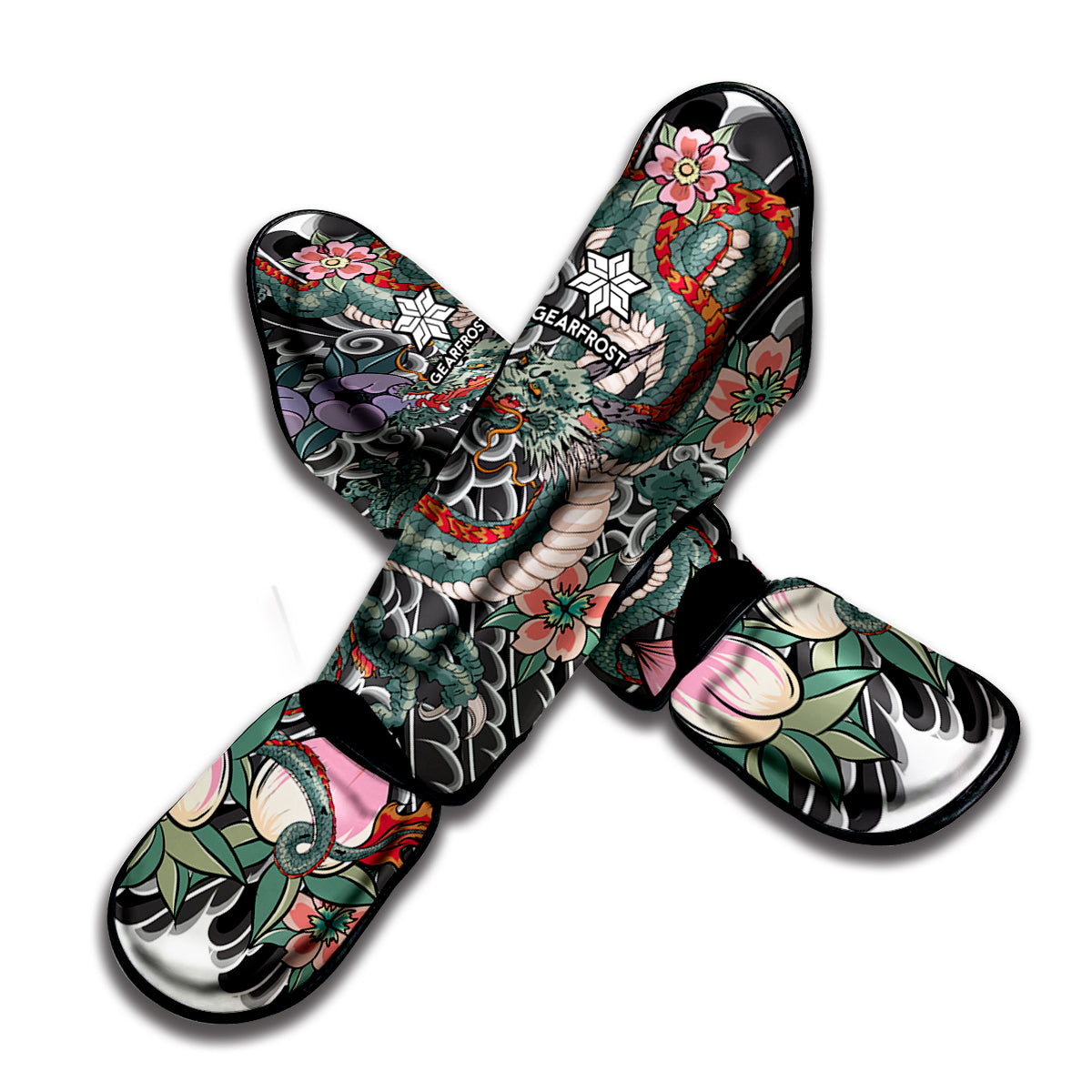 Green Japanese Dragon Tattoo Print Muay Thai Shin Guard