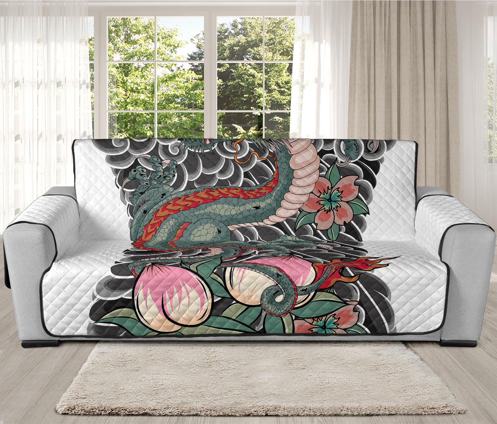 Green Japanese Dragon Tattoo Print Oversized Sofa Protector