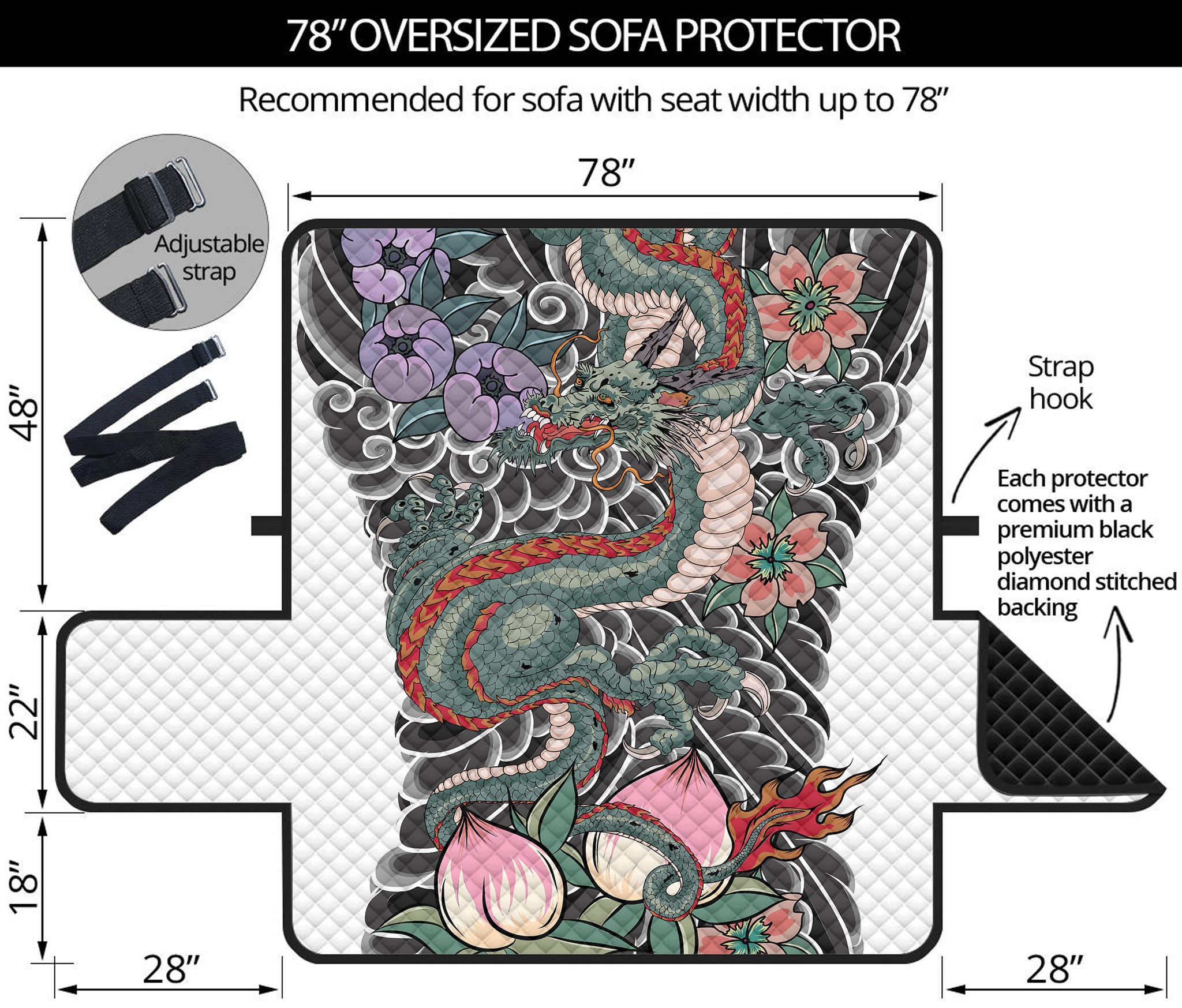 Green Japanese Dragon Tattoo Print Oversized Sofa Protector