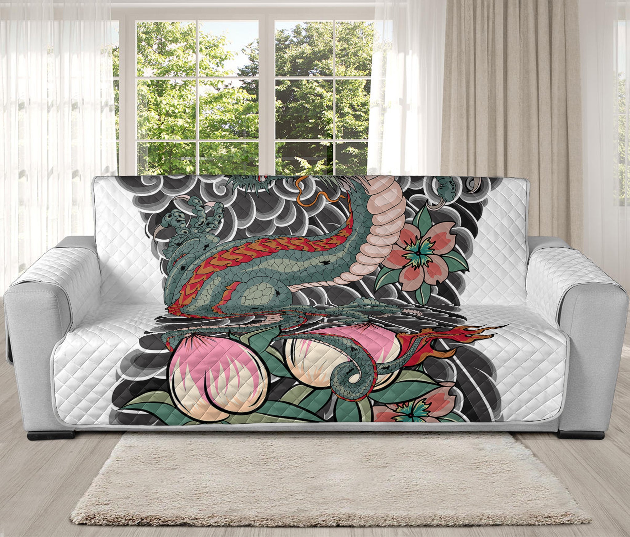 Green Japanese Dragon Tattoo Print Oversized Sofa Protector