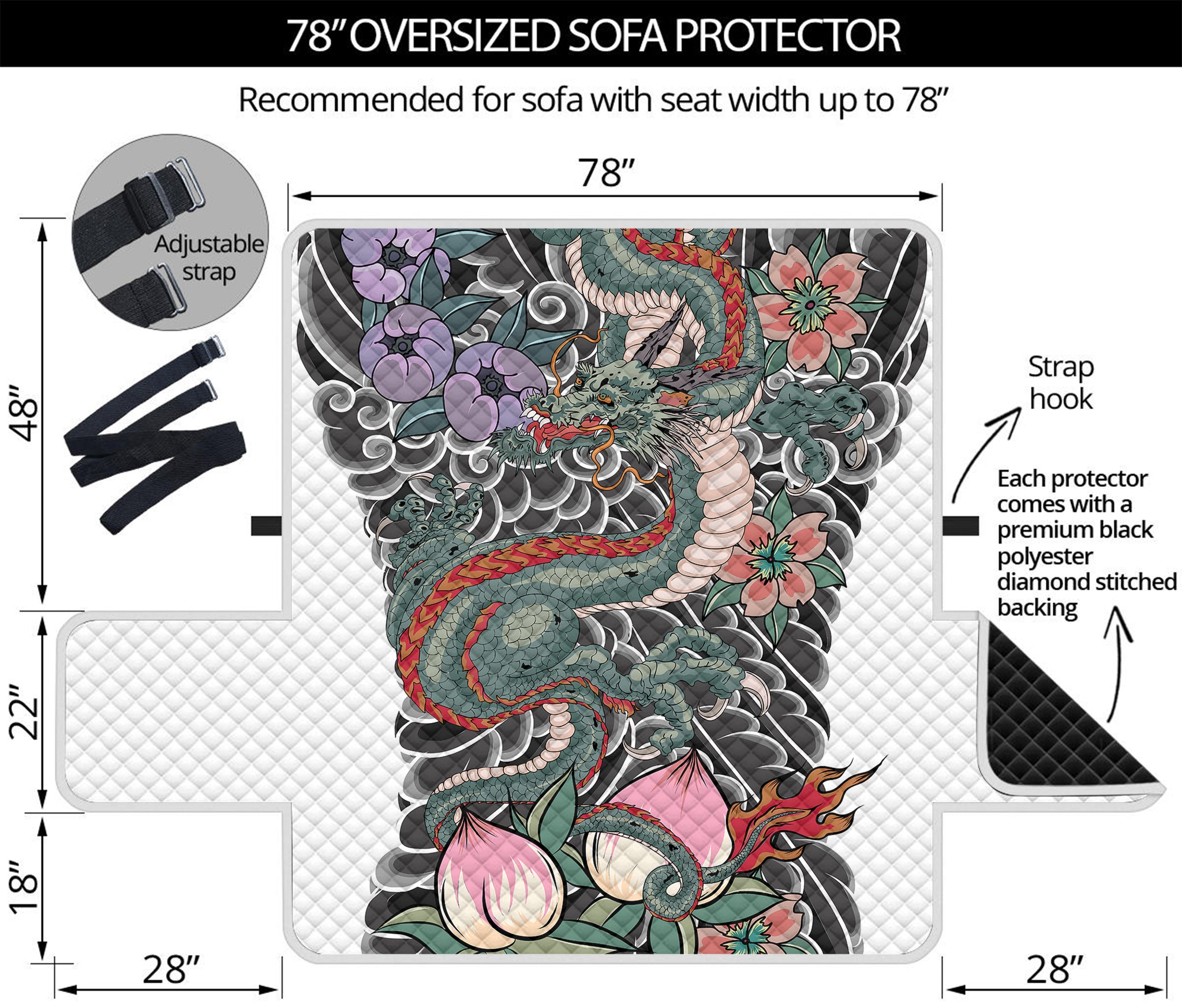 Green Japanese Dragon Tattoo Print Oversized Sofa Protector