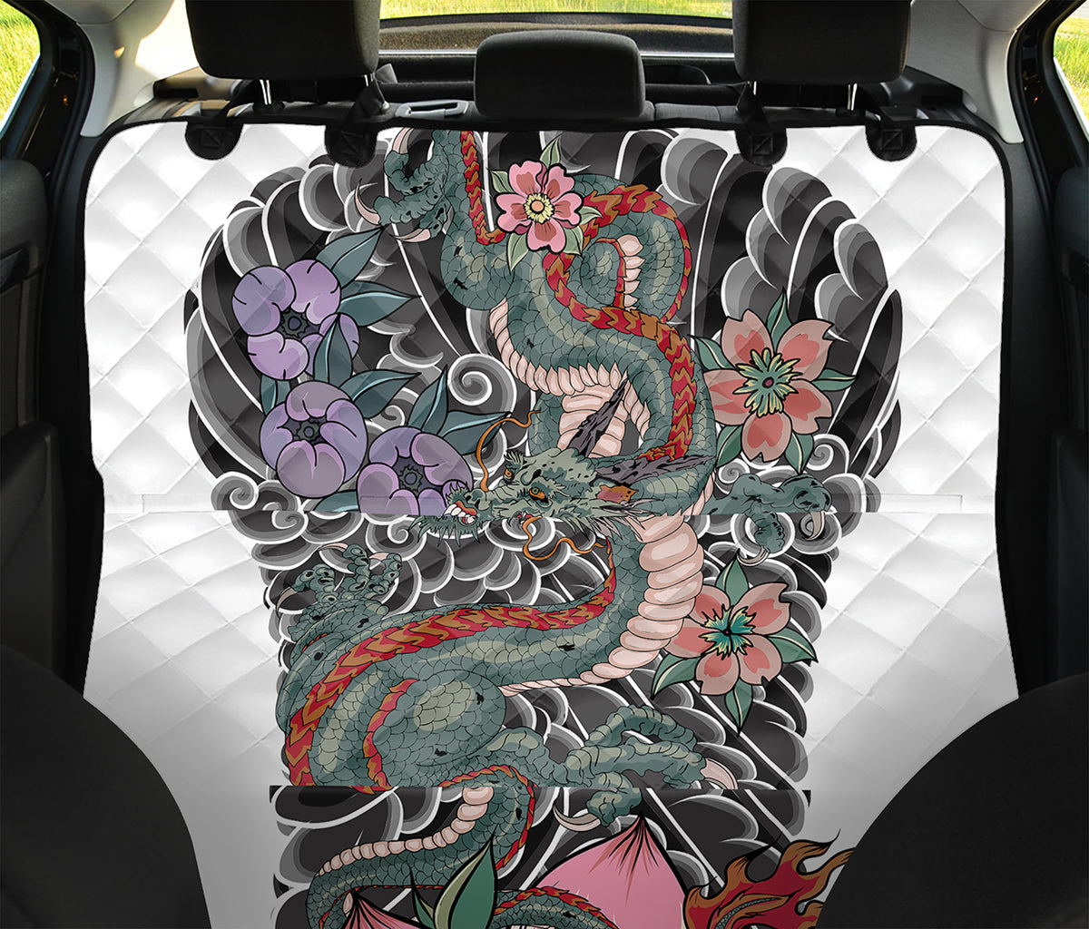 Green Japanese Dragon Tattoo Print Pet Car Back Seat Cover