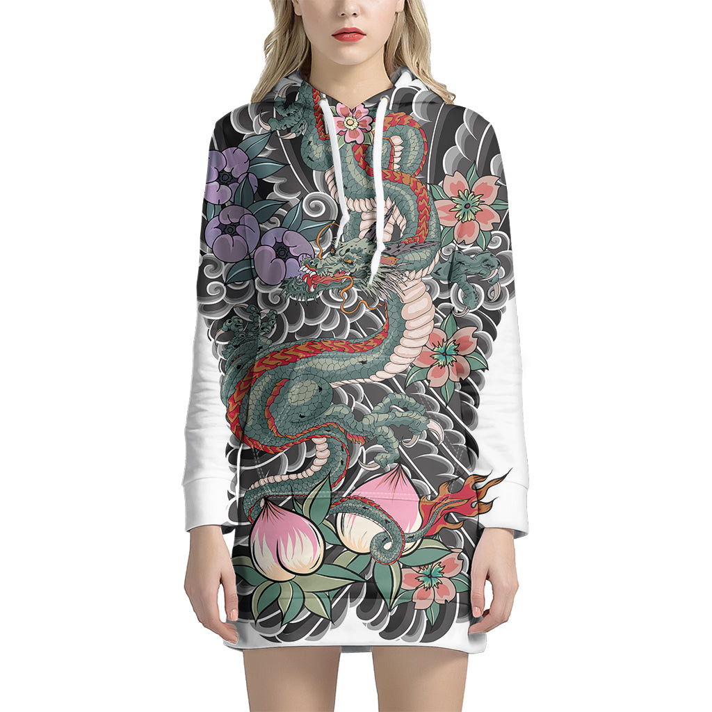 Green Japanese Dragon Tattoo Print Pullover Hoodie Dress