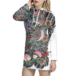 Green Japanese Dragon Tattoo Print Pullover Hoodie Dress