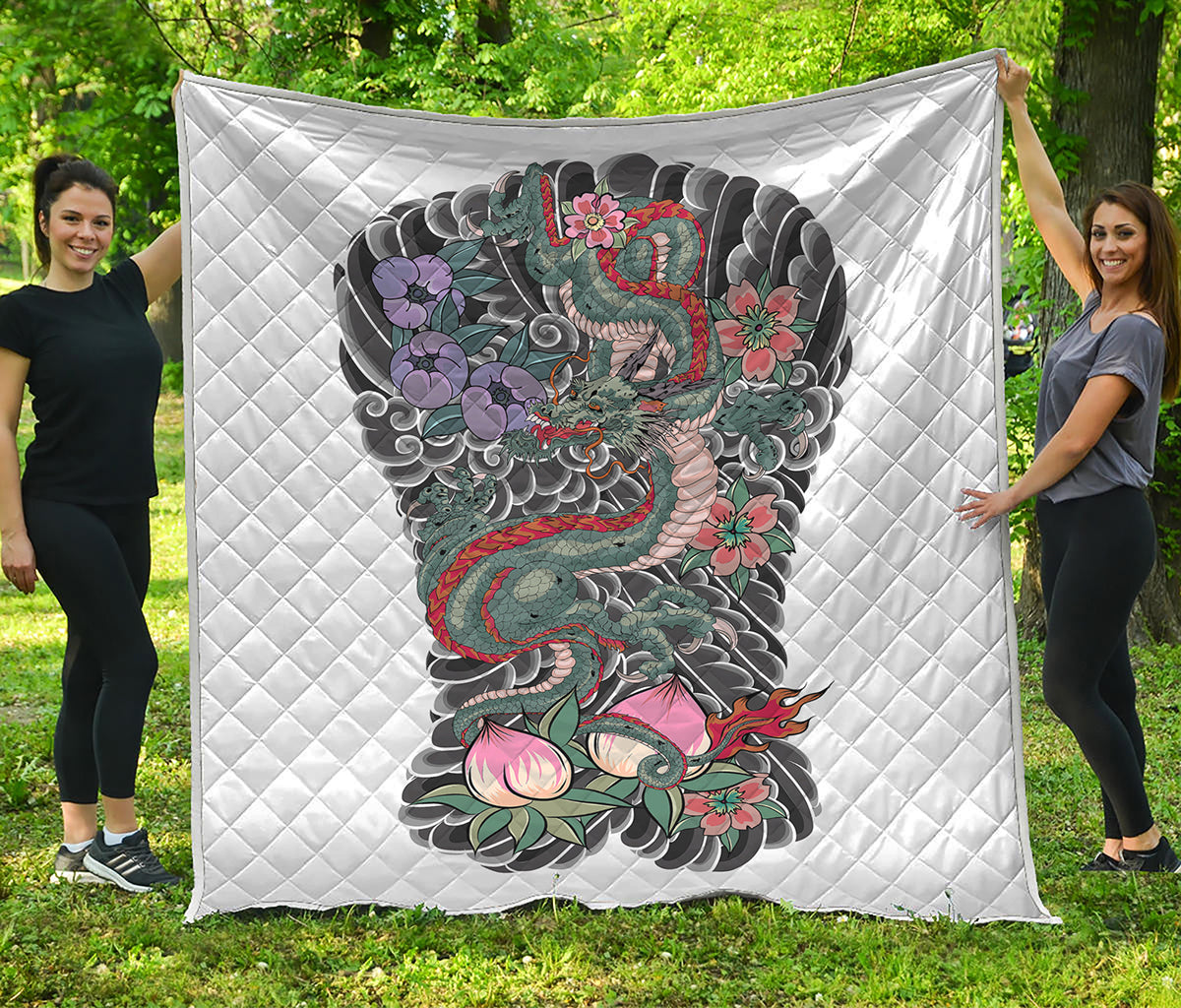 Green Japanese Dragon Tattoo Print Quilt