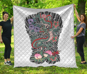 Green Japanese Dragon Tattoo Print Quilt