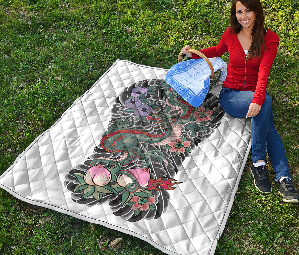 Green Japanese Dragon Tattoo Print Quilt