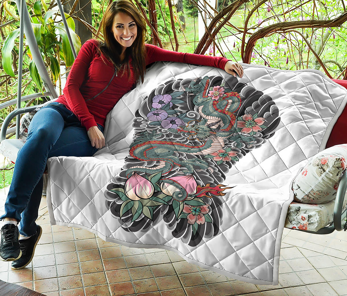 Green Japanese Dragon Tattoo Print Quilt