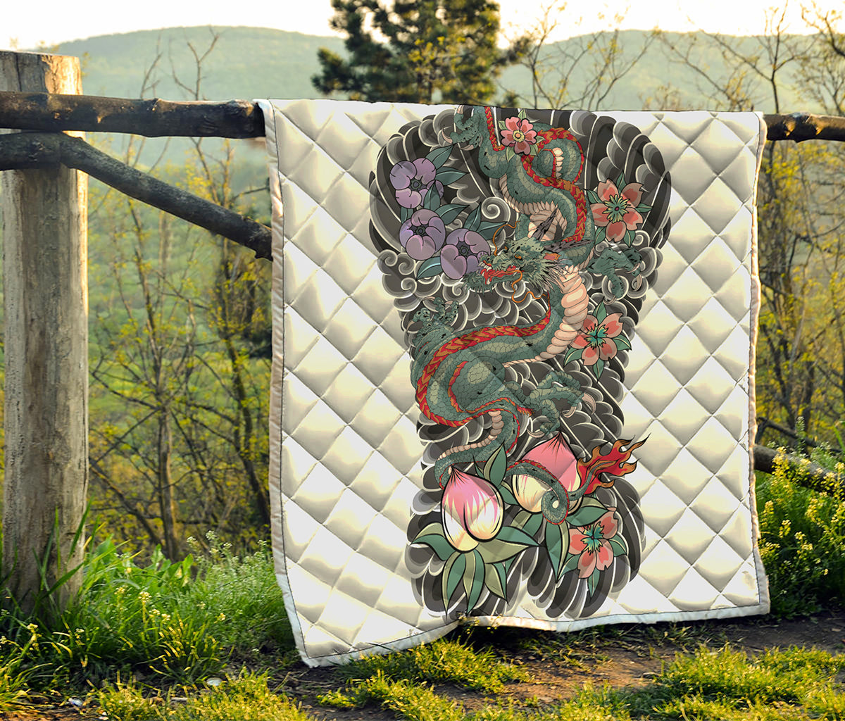 Green Japanese Dragon Tattoo Print Quilt