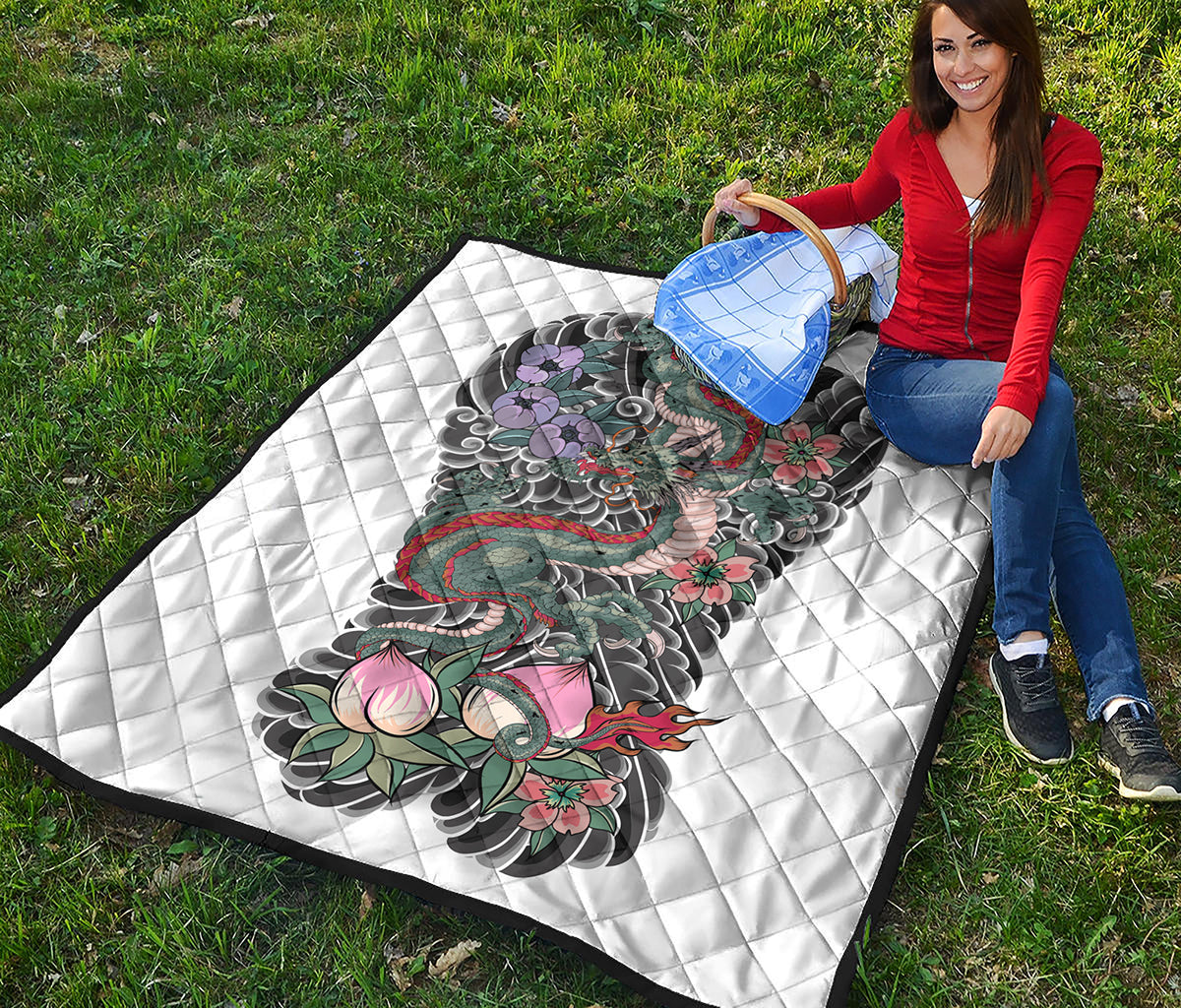 Green Japanese Dragon Tattoo Print Quilt