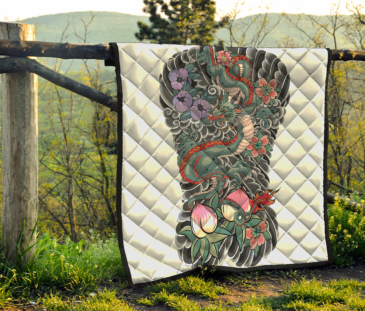 Green Japanese Dragon Tattoo Print Quilt