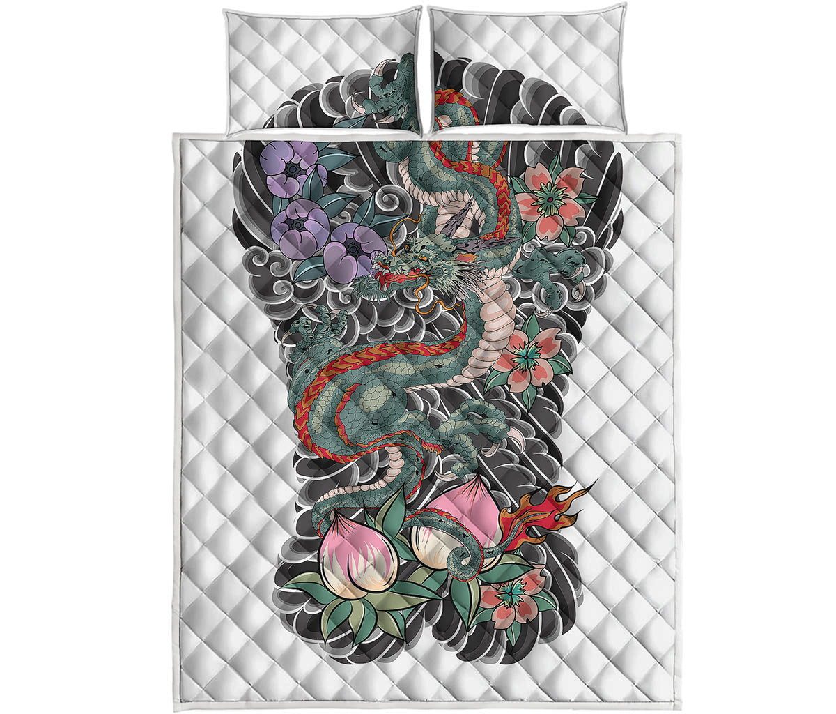 Green Japanese Dragon Tattoo Print Quilt Bed Set