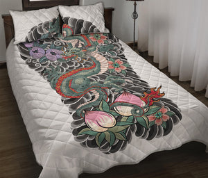 Green Japanese Dragon Tattoo Print Quilt Bed Set