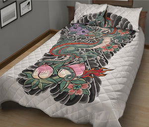 Green Japanese Dragon Tattoo Print Quilt Bed Set