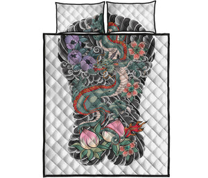 Green Japanese Dragon Tattoo Print Quilt Bed Set