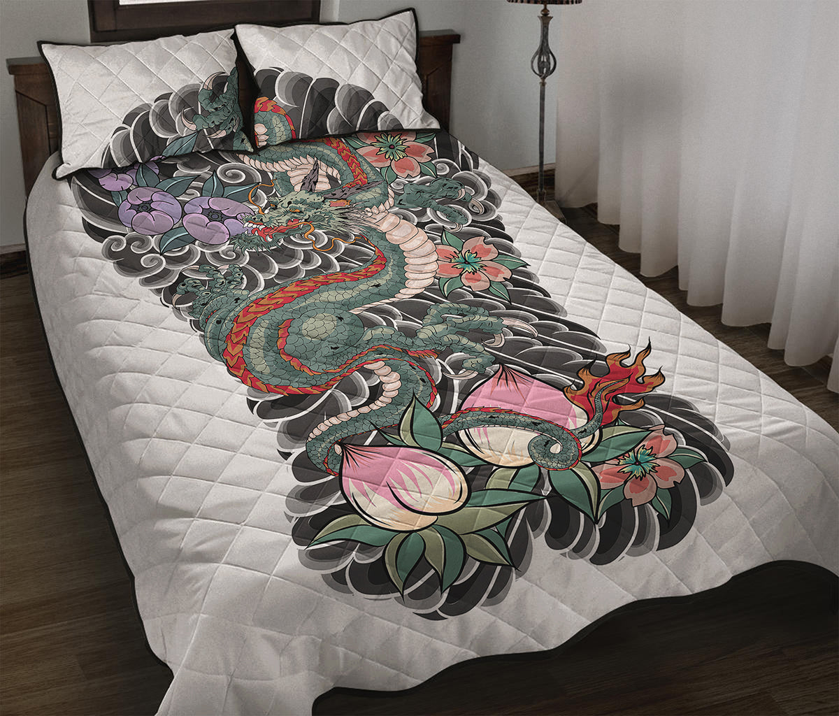 Green Japanese Dragon Tattoo Print Quilt Bed Set