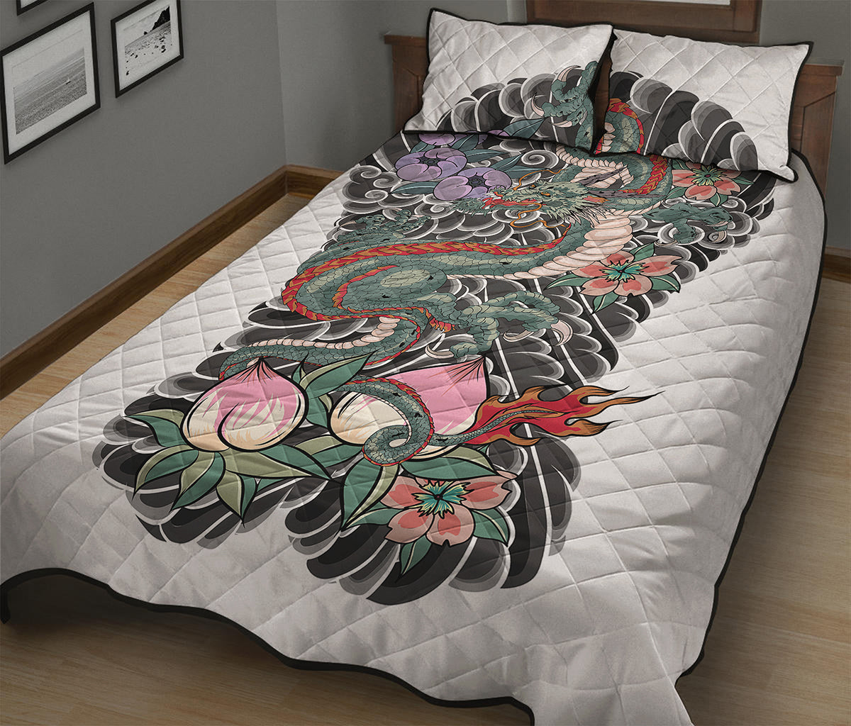 Green Japanese Dragon Tattoo Print Quilt Bed Set