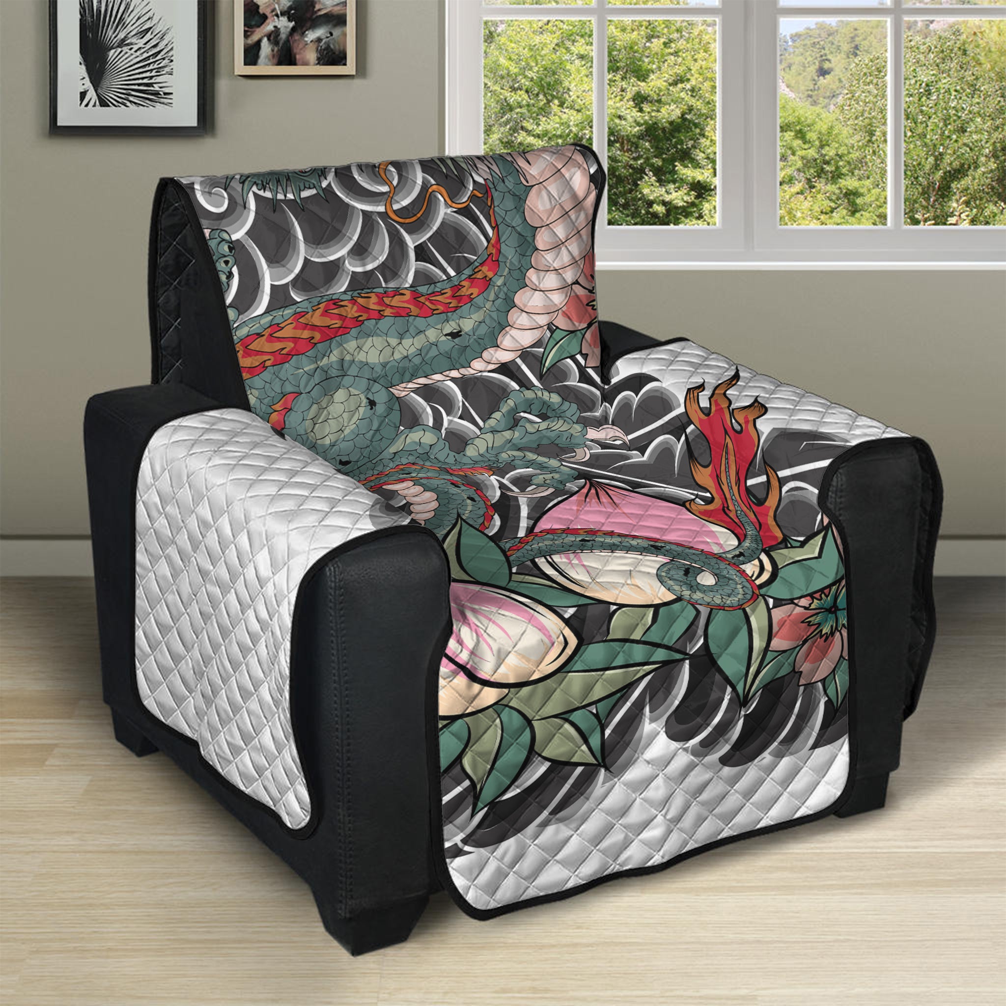 Green Japanese Dragon Tattoo Print Recliner Protector