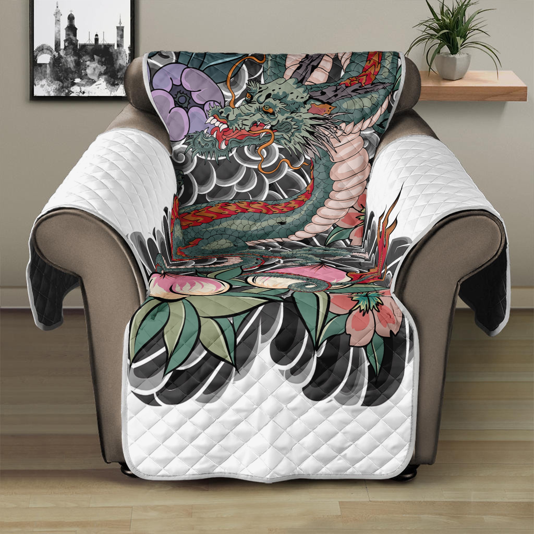 Green Japanese Dragon Tattoo Print Recliner Protector