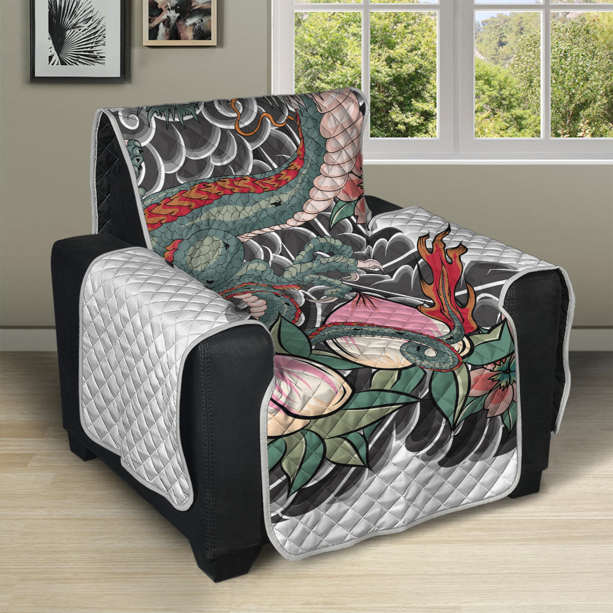 Green Japanese Dragon Tattoo Print Recliner Protector