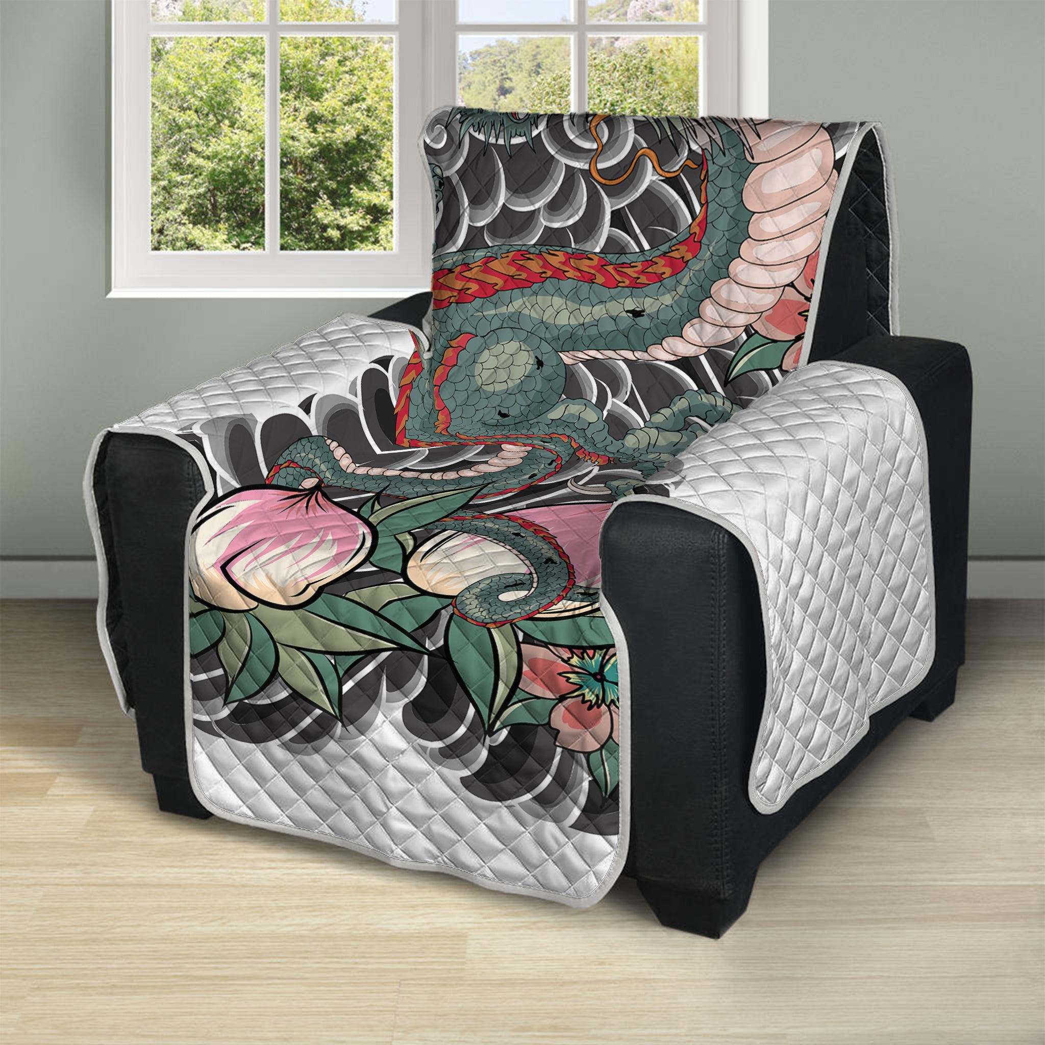 Green Japanese Dragon Tattoo Print Recliner Protector