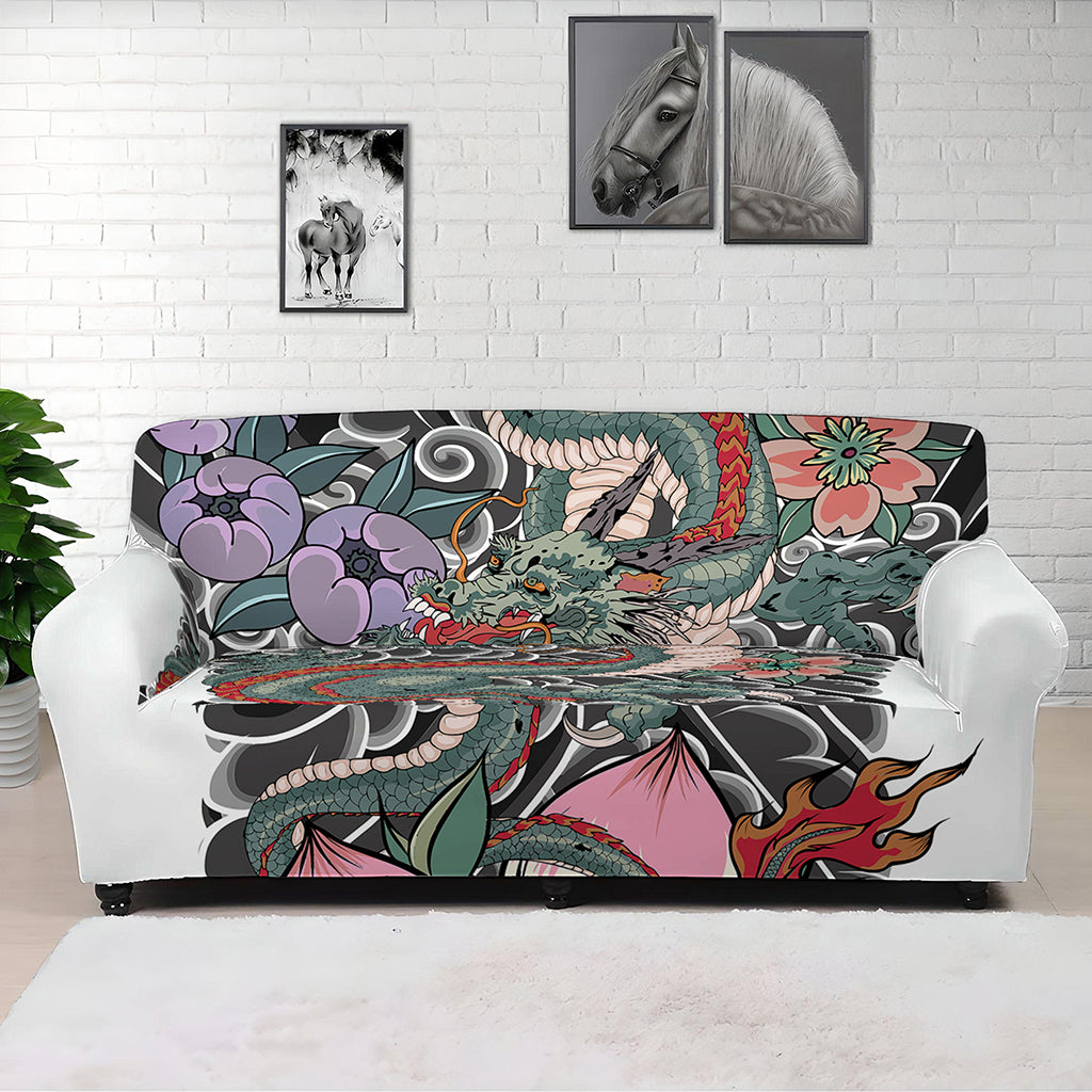 Green Japanese Dragon Tattoo Print Sofa Cover