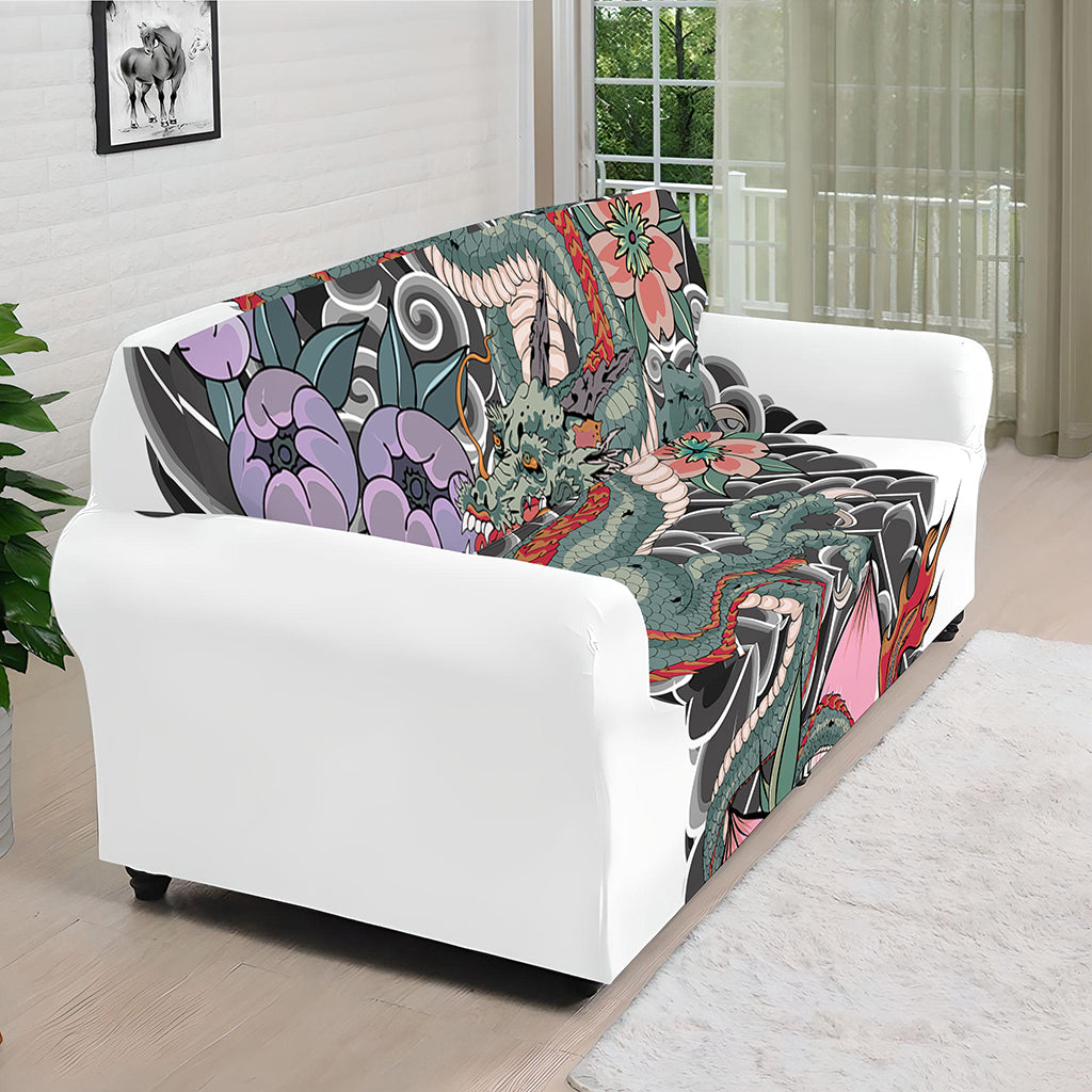 Green Japanese Dragon Tattoo Print Sofa Cover