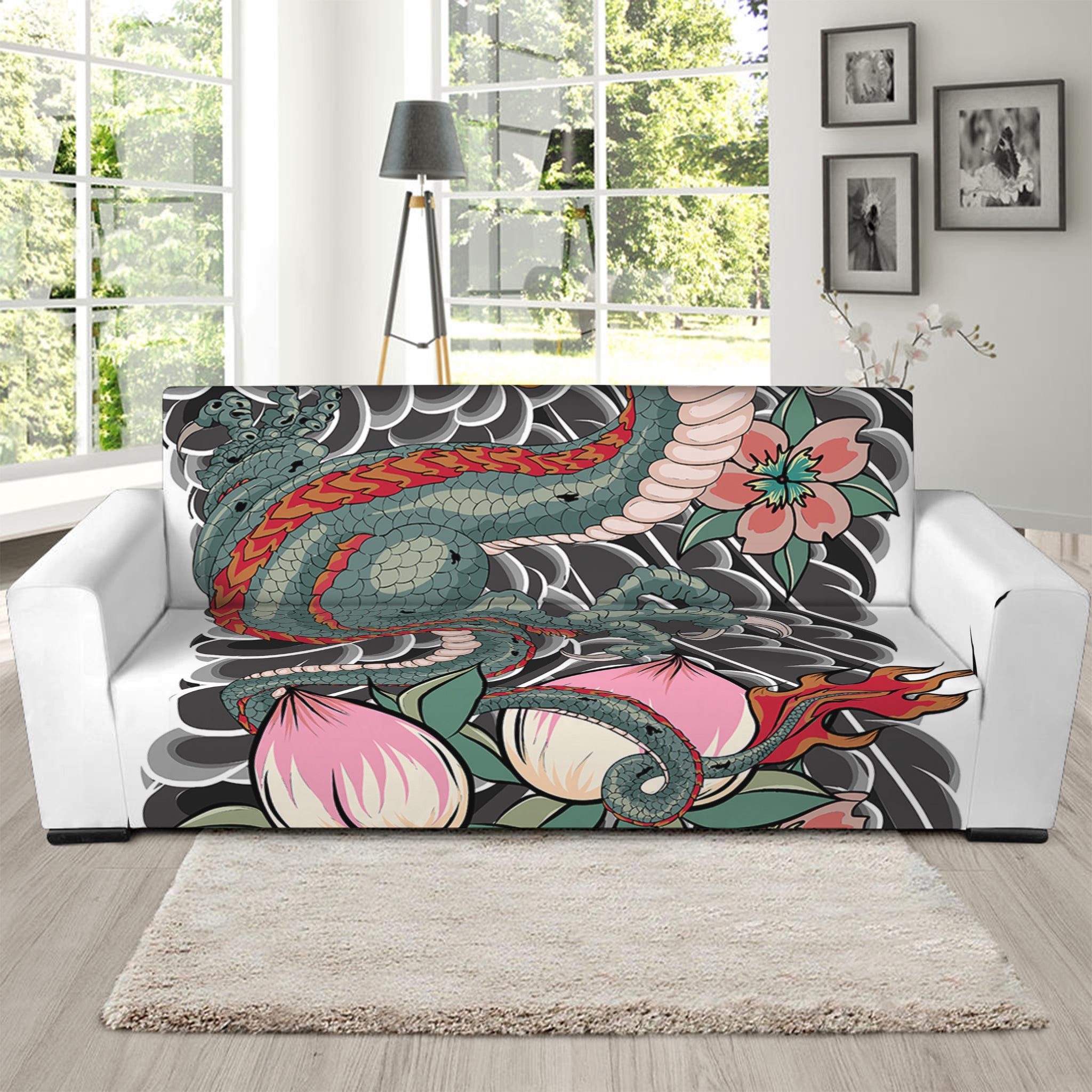 Green Japanese Dragon Tattoo Print Sofa Slipcover