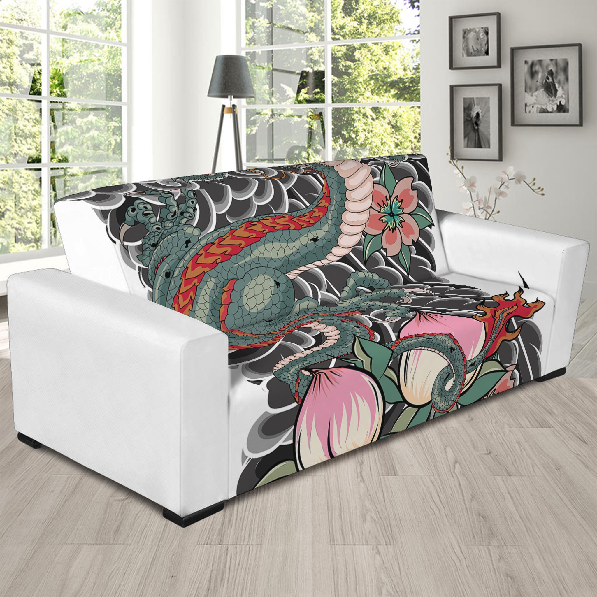 Green Japanese Dragon Tattoo Print Sofa Slipcover