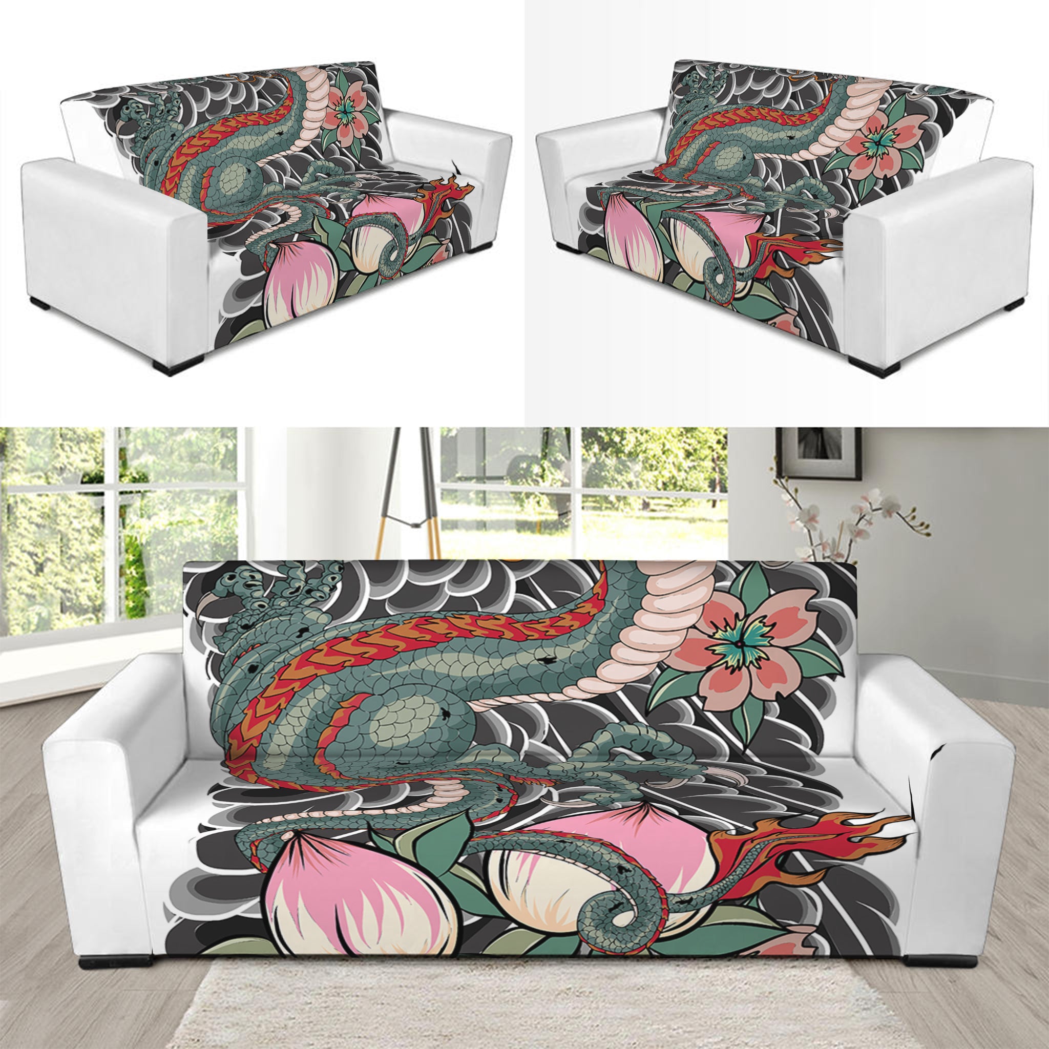 Green Japanese Dragon Tattoo Print Sofa Slipcover