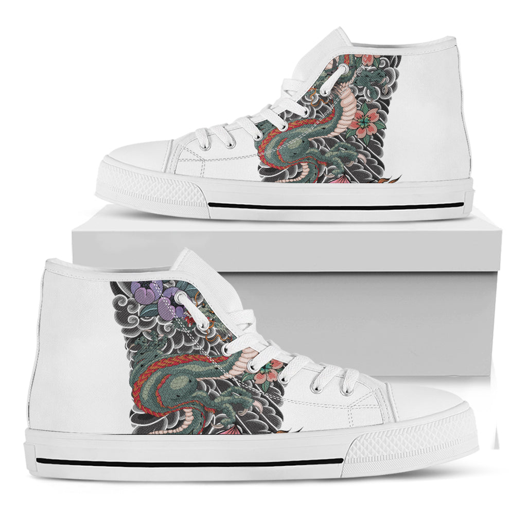 Green Japanese Dragon Tattoo Print White High Top Shoes