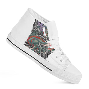 Green Japanese Dragon Tattoo Print White High Top Shoes