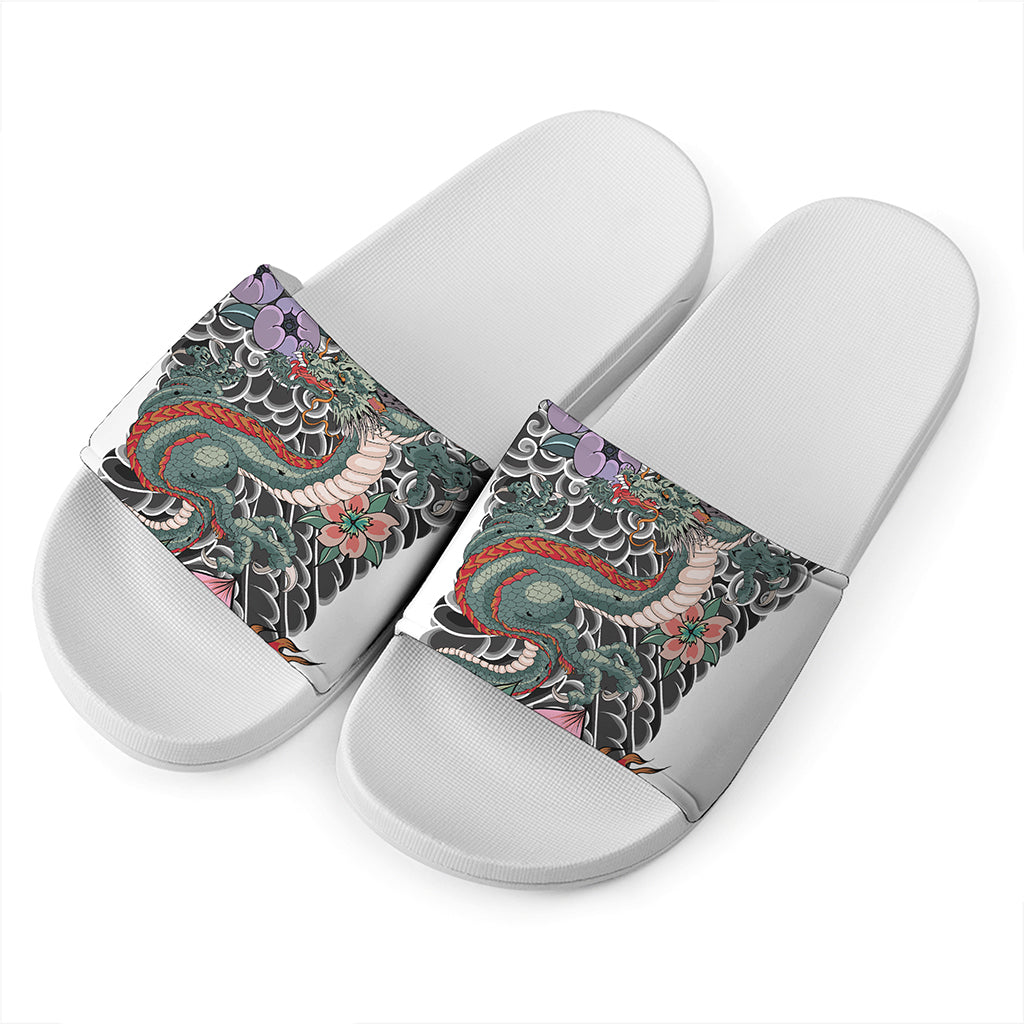 Green Japanese Dragon Tattoo Print White Slide Sandals