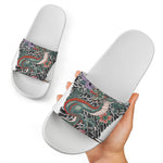 Green Japanese Dragon Tattoo Print White Slide Sandals