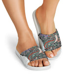 Green Japanese Dragon Tattoo Print White Slide Sandals