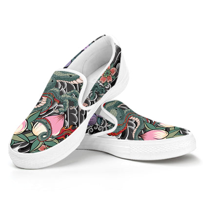Green Japanese Dragon Tattoo Print White Slip On Shoes