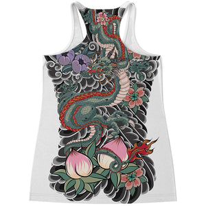 Green Japanese Dragon Tattoo Print Women's Racerback Tank Top