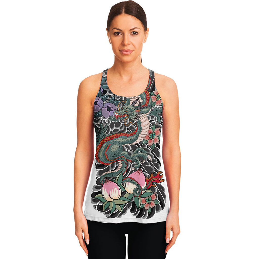 Green Japanese Dragon Tattoo Print Women's Racerback Tank Top