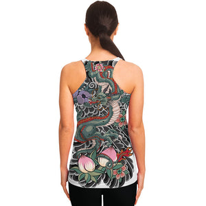 Green Japanese Dragon Tattoo Print Women's Racerback Tank Top